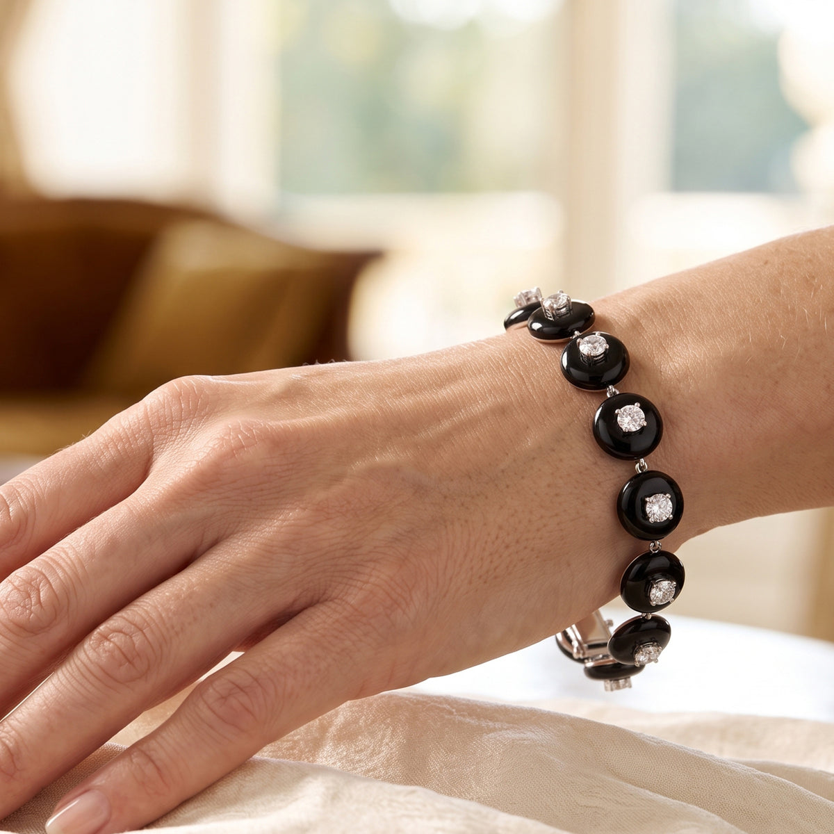 D'Joy - Moissanite &amp; Black Jade Beads Bracelet (Size - 7.5) in Rhodium Overlay Sterling Silver 51.90 Ct, Silver Wt. 10.00 Gms 8688593 2