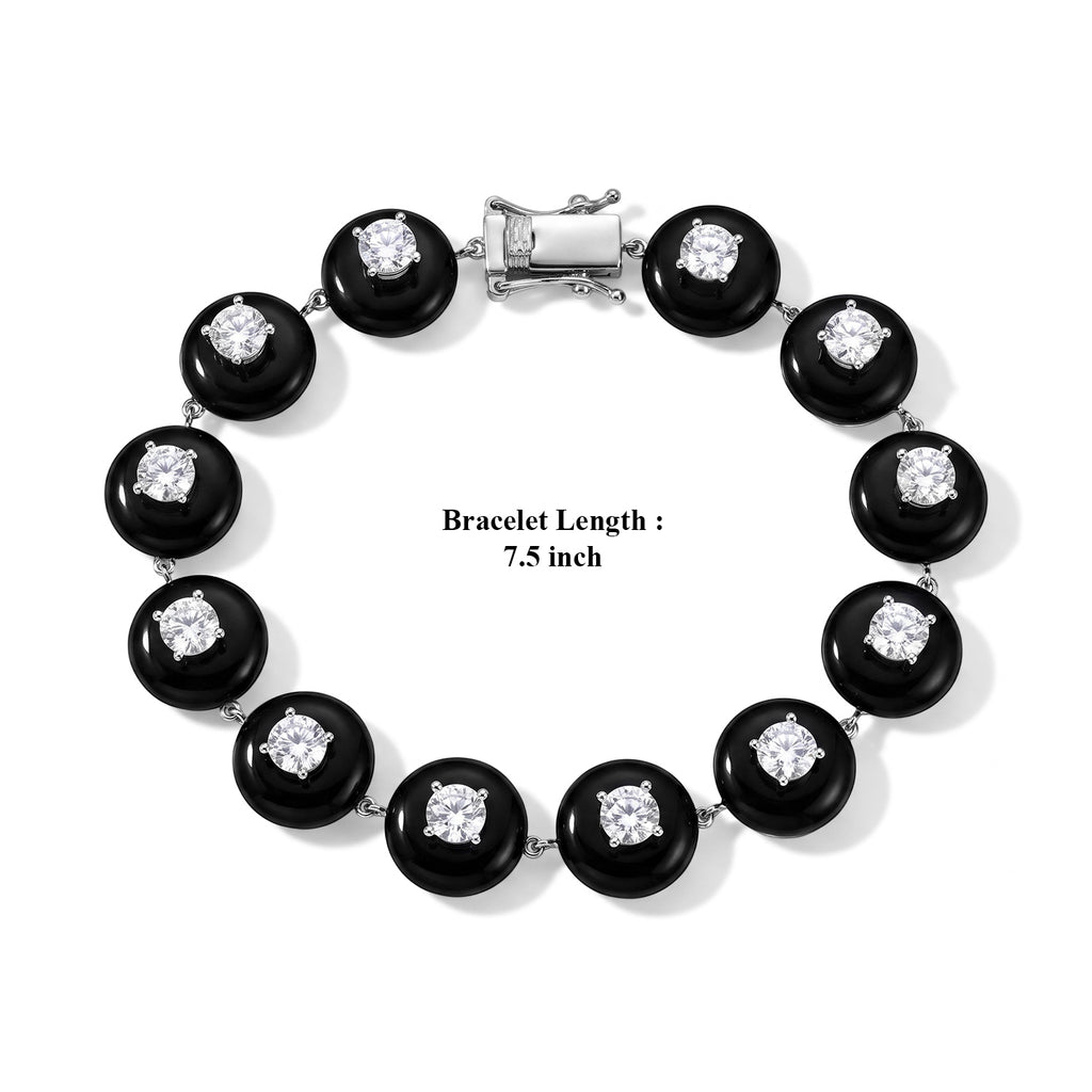 D'Joy - Moissanite & Dyed Black Jade Bracelet (Size - 7.5) in Rhodium Overlay Sterling Silver 51.90 Ct, Silver Wt. 10.00 Gms_8688593_4