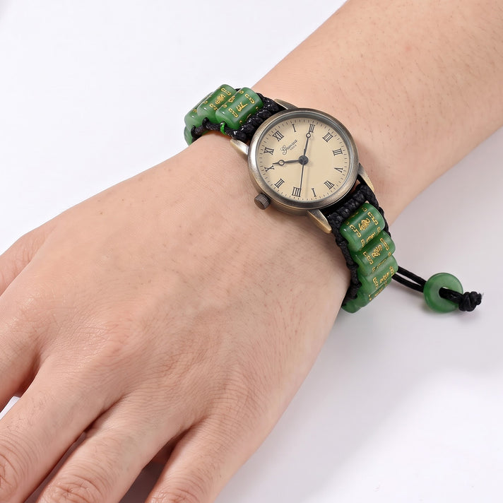 Genoa Time V2 SL68 Quartz Movement Water Resistant Bronze Dial &amp; PNP Imitation Bronze Plated Case Womens Watch with Green Jade Six Character Mantra Pattern Bracelet 8688902 2