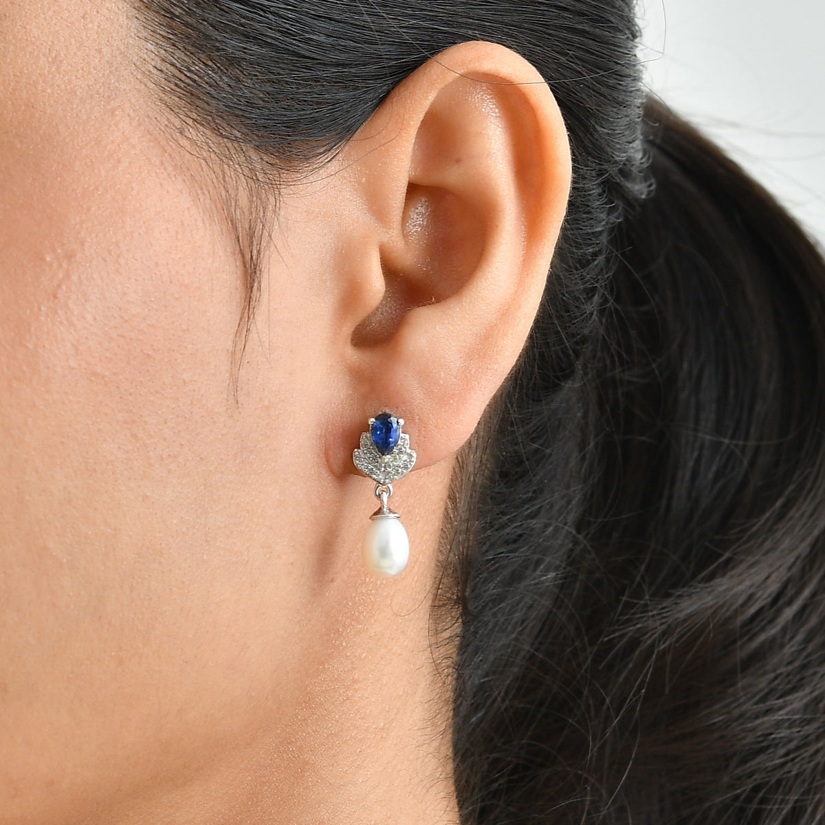 D'Joy -  AAA Natural Kashmir Kyanite, Fresh Water Pearl &amp; White Zircon Dangling Earring with Push Post in Platinum Overlay Sterling Silver 6.50 Ct. V32576253 2