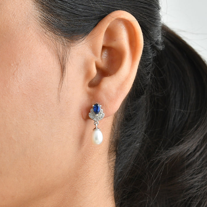 D'Joy -  AAA Natural Kashmir Kyanite, Fresh Water Pearl &amp; White Zircon Dangling Earring with Push Post in Platinum Overlay Sterling Silver 6.50 Ct. 8689022 2
