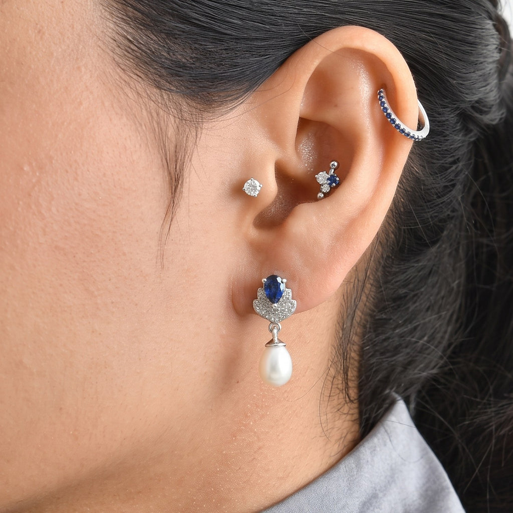 D'Joy - Kyanite, Fresh Water Pearl & White Zircon Dangling Earring with Push Post in Platinum Overlay Sterling Silver 6.50 Ct._8689022_2
