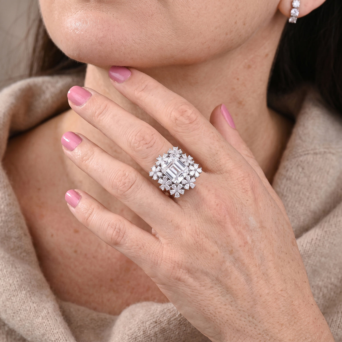 TLV- D'Joy - Moissanite Blooming Floral Cocktail Ring in Rhodium Overlay Sterling Silver 6.90 Ct. 8689510 2