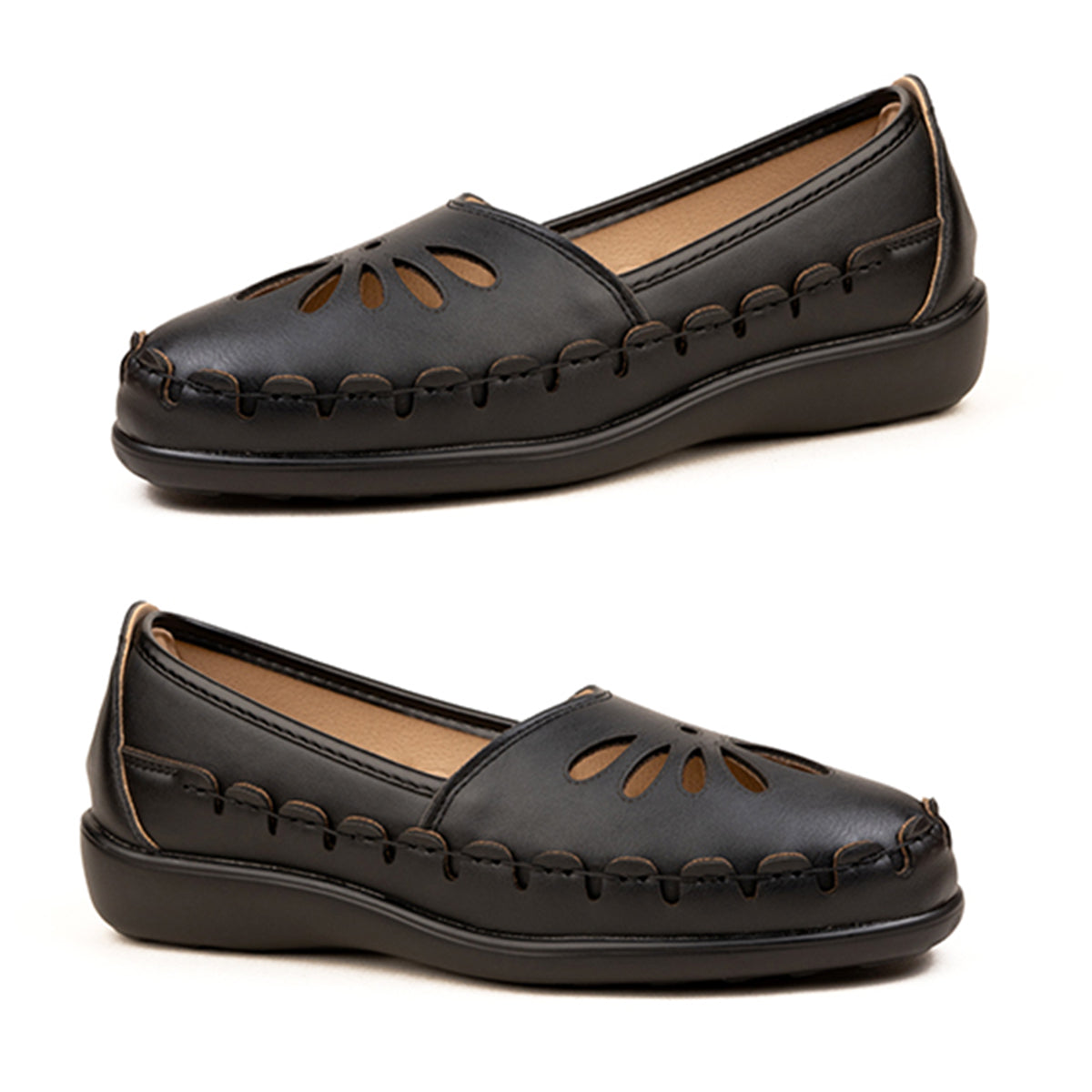 Womens Effie Petal Laser Cut-Out Stitch Detail Slip On Moccasins Loafers (Size 5) - Black V32622071 0