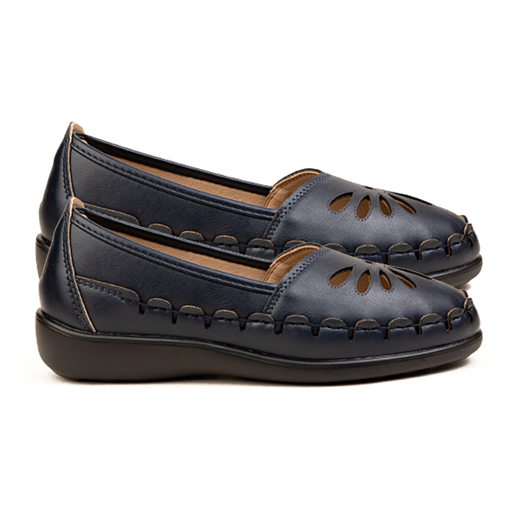 Womens Effie Petal Laser Cut-Out Stitch Detail Slip On Moccasins Loafers (Size 6) - Navy_8689847_1