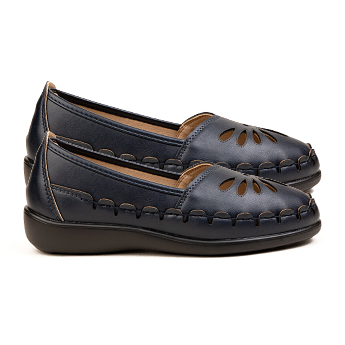 Womens Effie Petal Laser Cut-Out Stitch Detail Slip On Moccasins Loafers (Size 6) - Navy V32610282 1