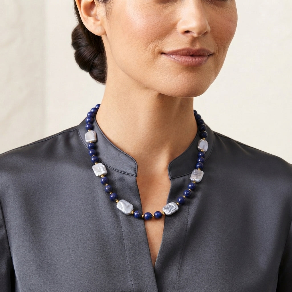 Lapis Lazuli & White Keshi Pearl Adjustable Beads Necklace (Size - 18+2 Ext) 150.00 Ct._8690370_1