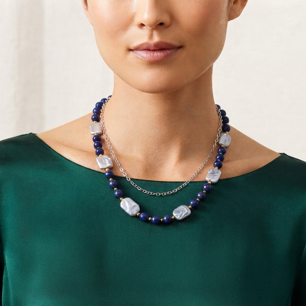 Lapis Lazuli &amp; White Keshi Pearl Adjustable Beads Necklace (Size - 18-2 Ext) 150.00 Ct. 8690370 3