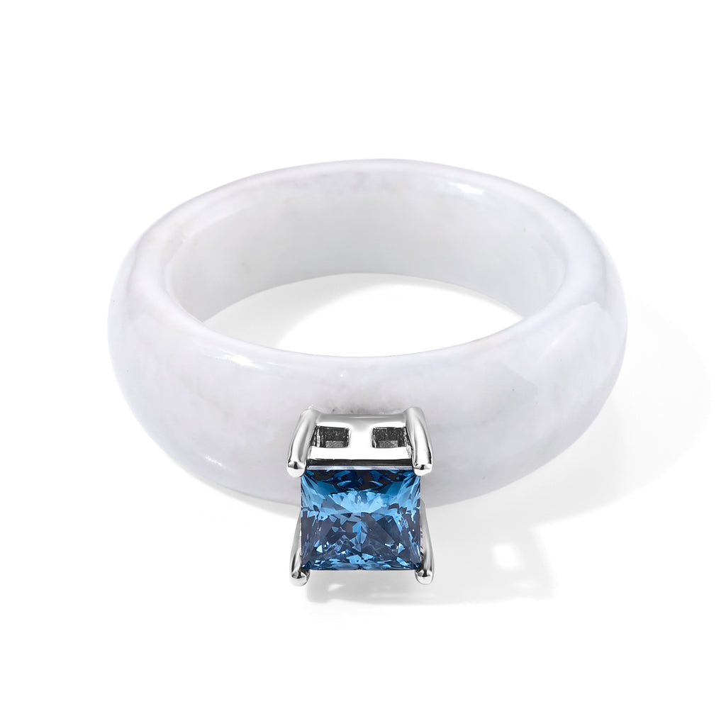 D'Joy White Jade, Lab Grown Blue Diamond Solitaire Ring in Rhodium OverlaySterling Silver  31.000  Ct._8690574