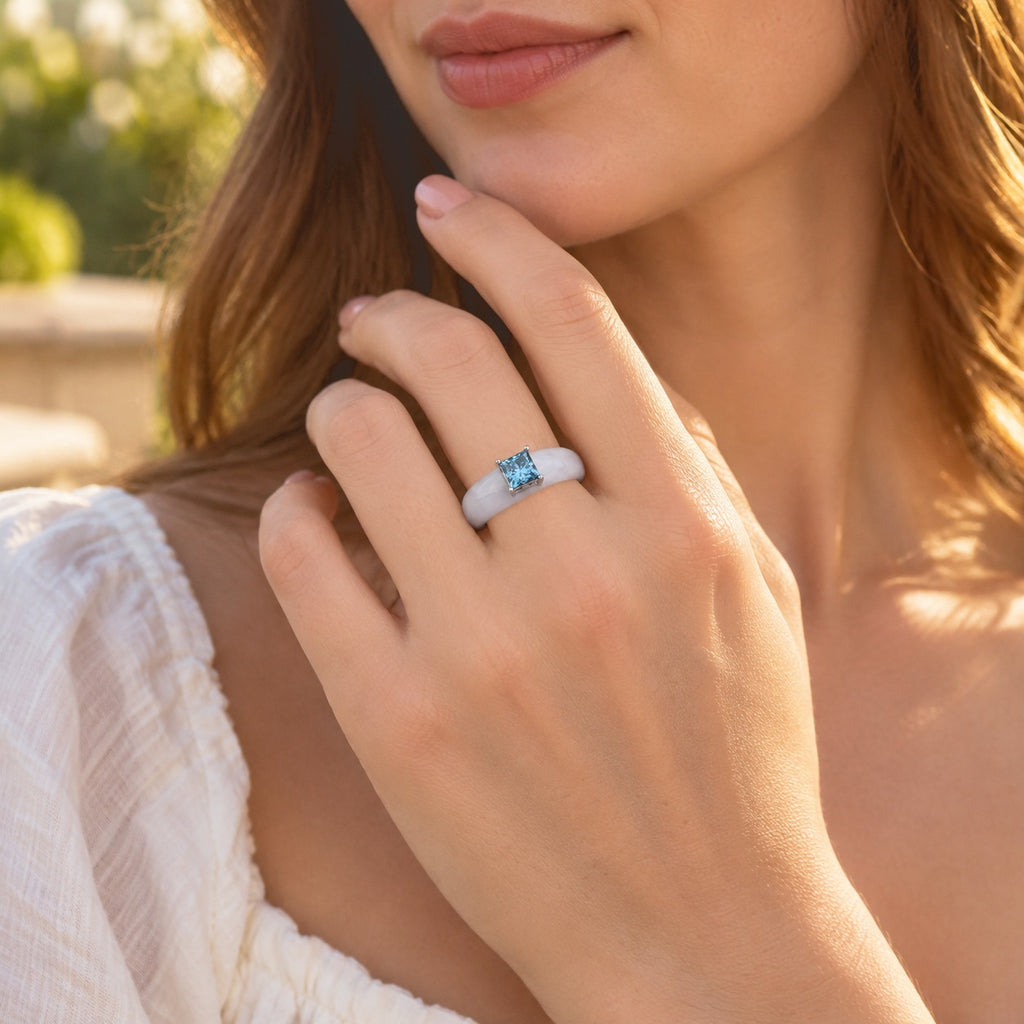 D'Joy White Jade, Lab Grown Blue Diamond Solitaire Ring in Rhodium OverlaySterling Silver  31.000  Ct._8690574_1