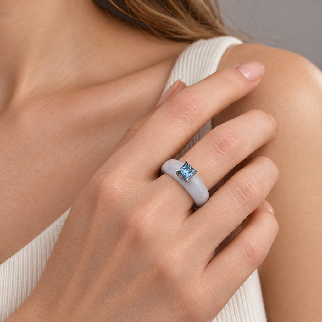 D'Joy White Jade, Lab Grown Blue Diamond Solitaire Ring in Rhodium OverlaySterling Silver  31.000  Ct._8690574_2