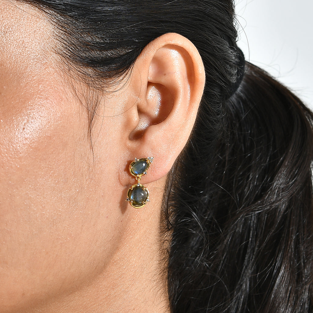 EverTrue - Labradorite & White Zircon Dangling Earring with Push Post in Yellow Gold Tone 5.37 Ct._8690597_1