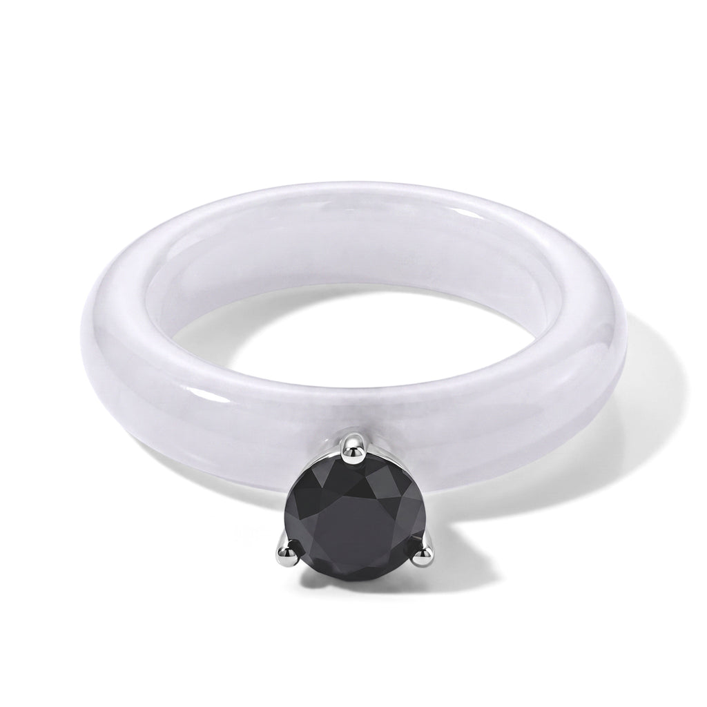 D'Joy - Black Diamond & White Jade Solitaire Band Ring in Rhodium Overlay Sterling Silver 13.40 Ct._8690624