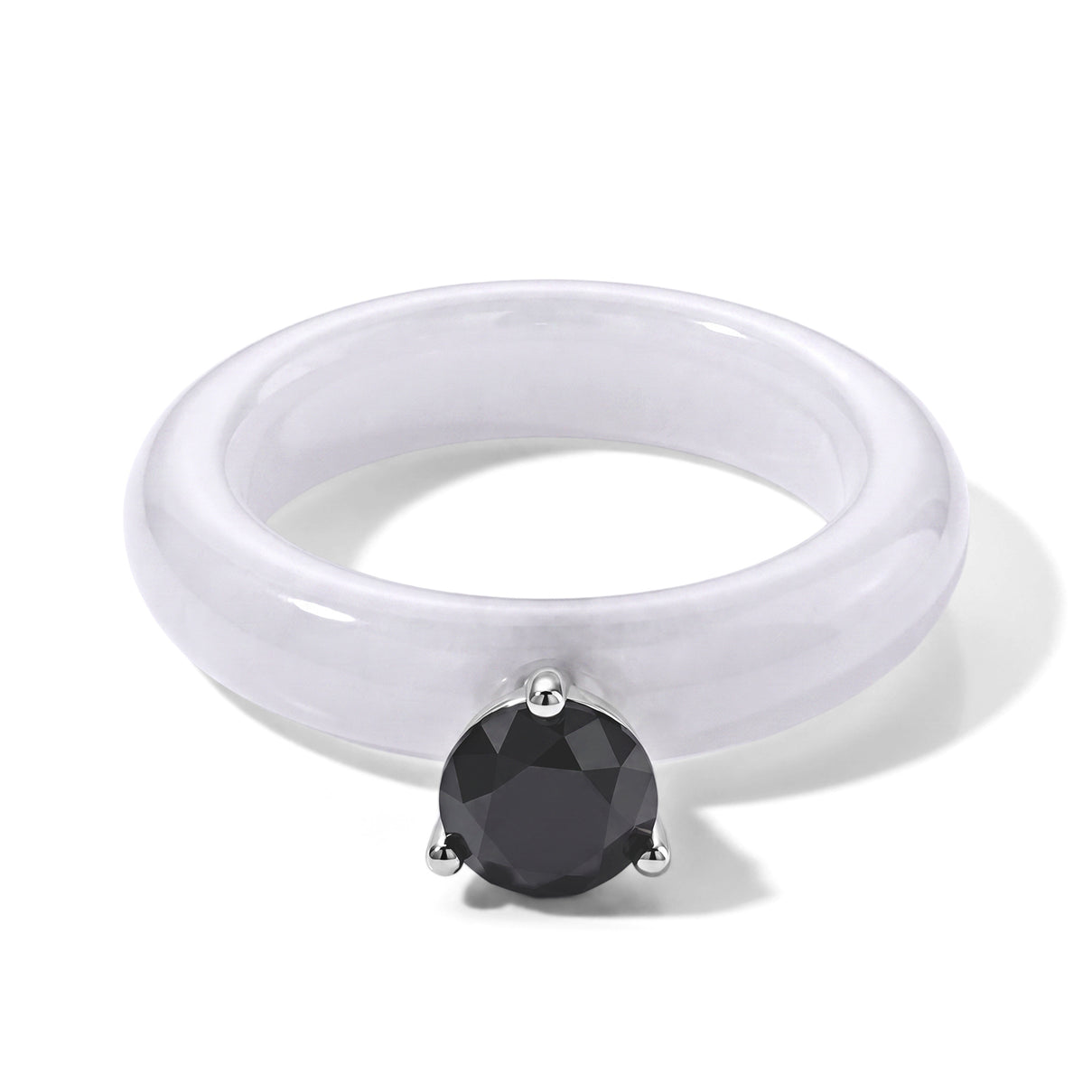 D'Joy - Black Diamond &amp; White Jade Solitaire Band Ring in Rhodium Overlay Sterling Silver 13.40 Ct. 8690624 0