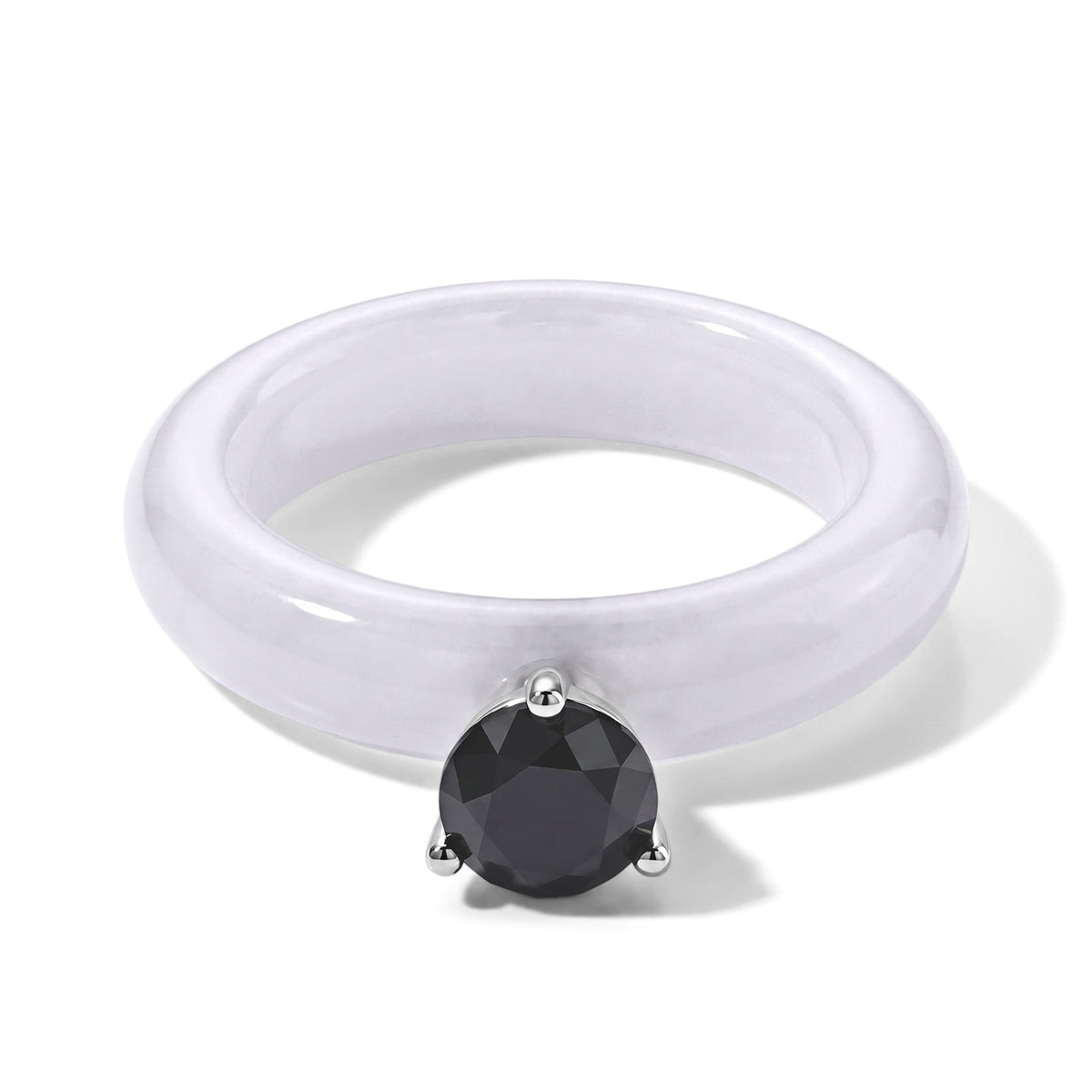 D'Joy - Black Diamond &amp; White Jade Solitaire Band Ring in Rhodium Overlay Sterling Silver 13.40 Ct. 8690624 0