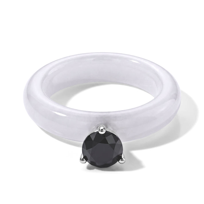 First Time Ever- Earth Mined Black Diamond (1.00 Cts) &amp; Natural White Jade Solitaire Band Ring in Sterling Silver Total- 13.40 Ct. 8690624 1