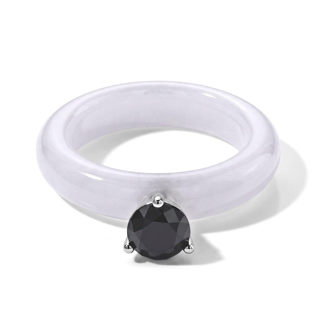 D'Joy - Black Diamond &amp; White Jade Solitaire Band Ring in Rhodium Overlay Sterling Silver 13.40 Ct. 8690625 0