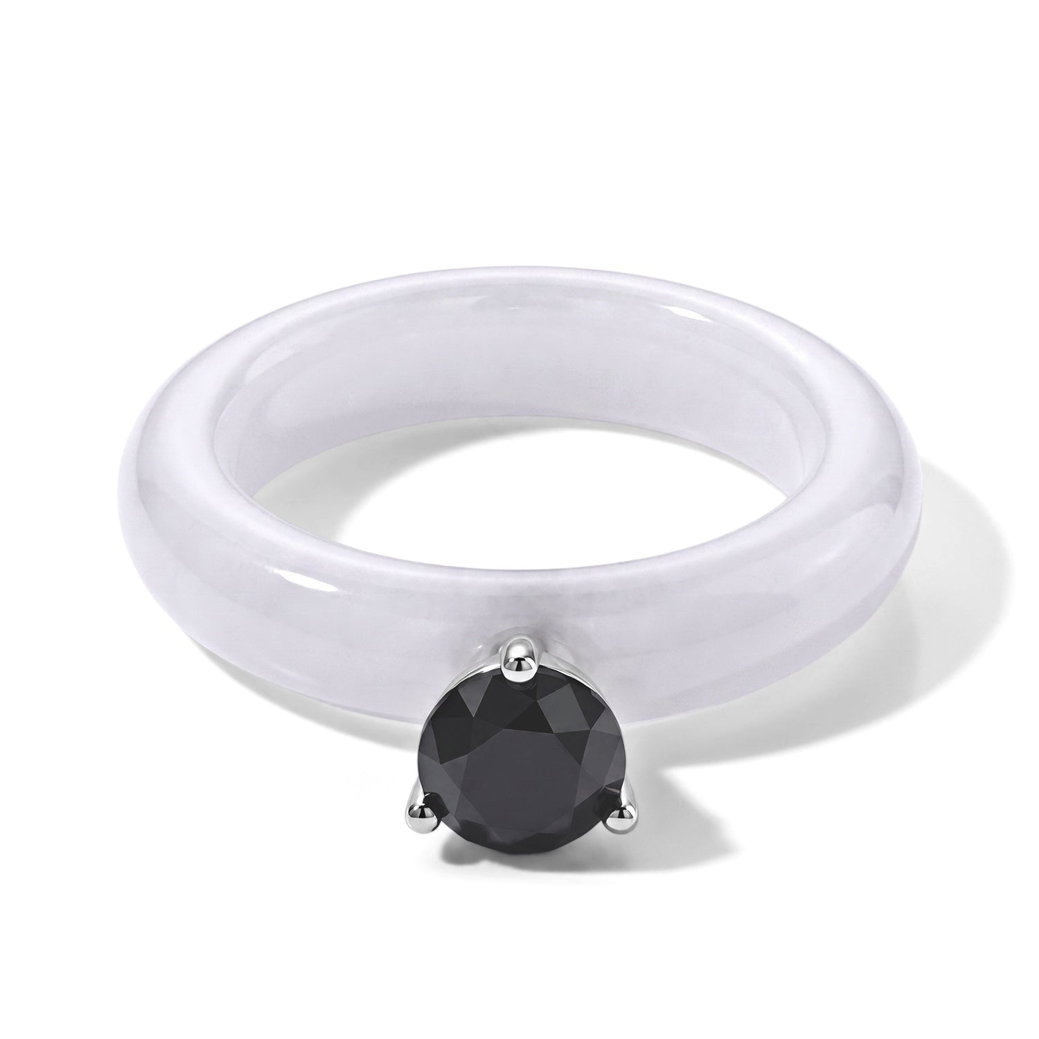 D'Joy - Black Diamond &amp; White Jade Solitaire Band Ring in Rhodium Overlay Sterling Silver 13.40 Ct. 8690628 0