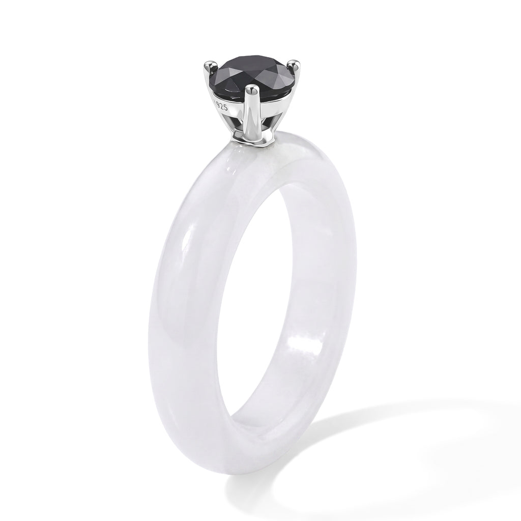 D'Joy - Black Diamond & White Jade Solitaire Band Ring in Rhodium Overlay Sterling Silver 13.40 Ct._8690628_2