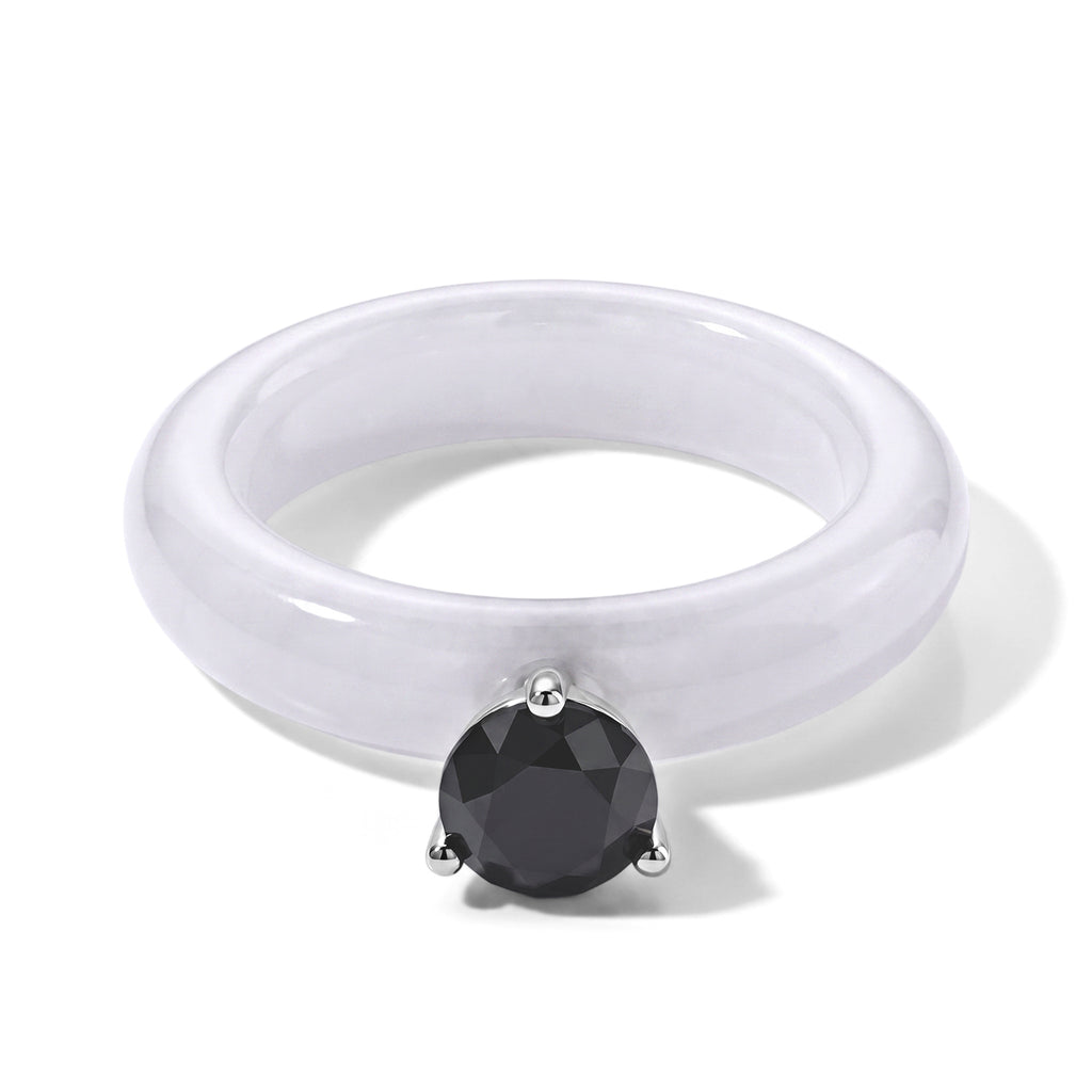 D'Joy - Black Diamond & White Jade Solitaire Band Ring in Rhodium Overlay Sterling Silver 13.40 Ct._8690629