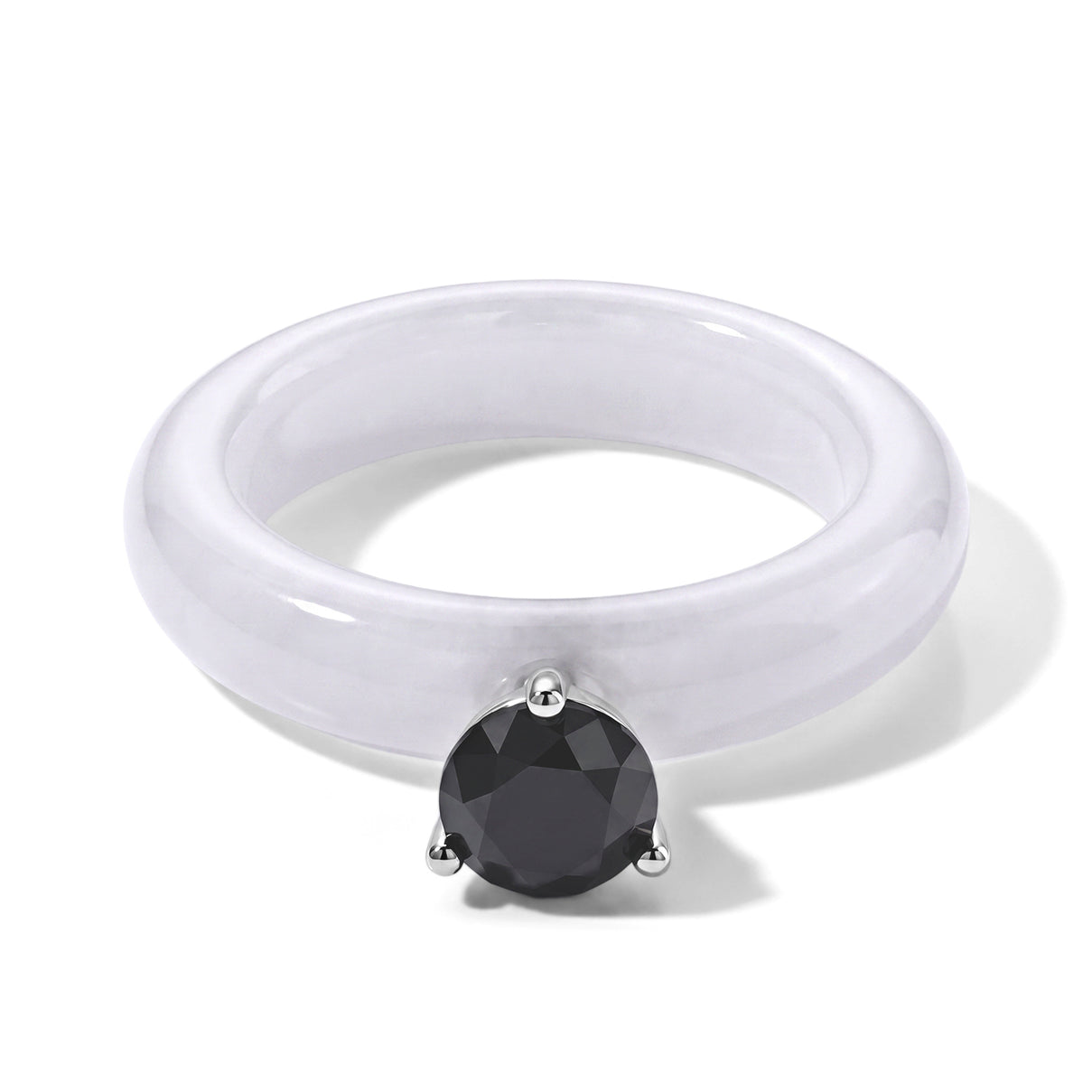 D'Joy - Black Diamond &amp; White Jade Solitaire Band Ring in Rhodium Overlay Sterling Silver 13.40 Ct. 8690629 0