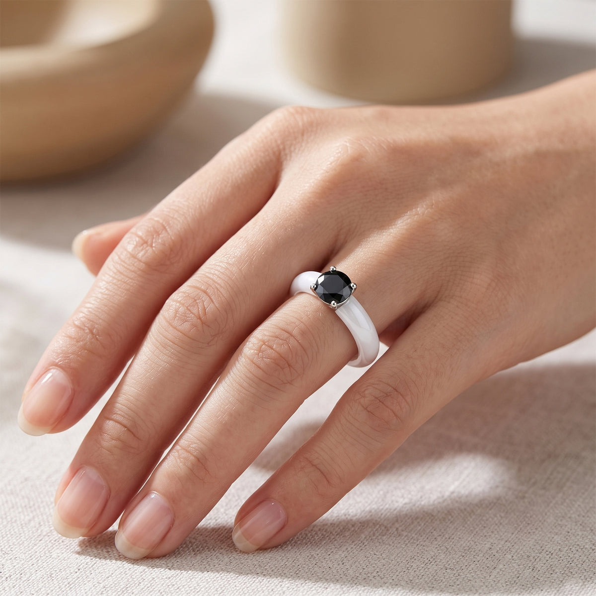 D'Joy - Black Diamond &amp; White Jade Solitaire Band Ring in Rhodium Overlay Sterling Silver 13.40 Ct. 8690632 1