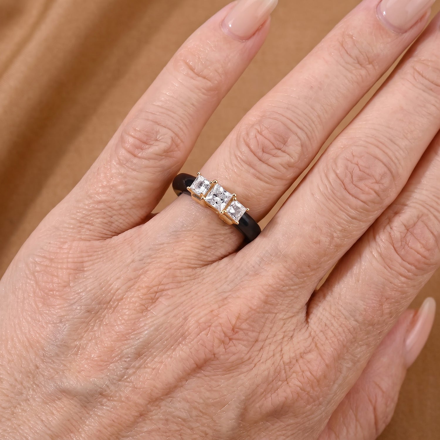 D'Joy - Black Jade &amp; Lab Grown Diamond Trilogy Ring in Yellow Gold Plated Sterling Silver 11.00  Ct. 8690663 1