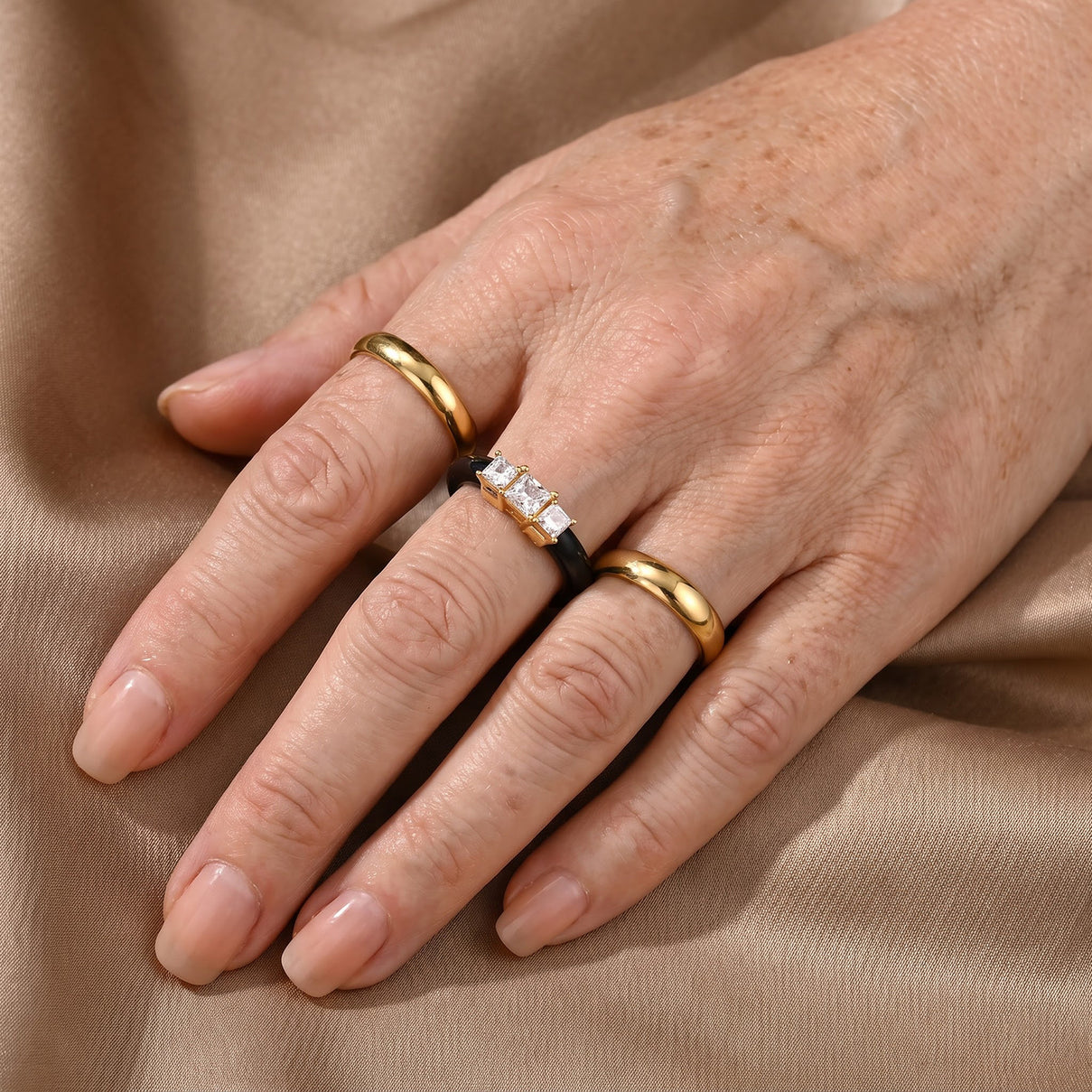 D'Joy - Black Jade &amp; Lab Grown Diamond Trilogy Ring in Yellow Gold Plated Sterling Silver 11.00  Ct. 8690663 2