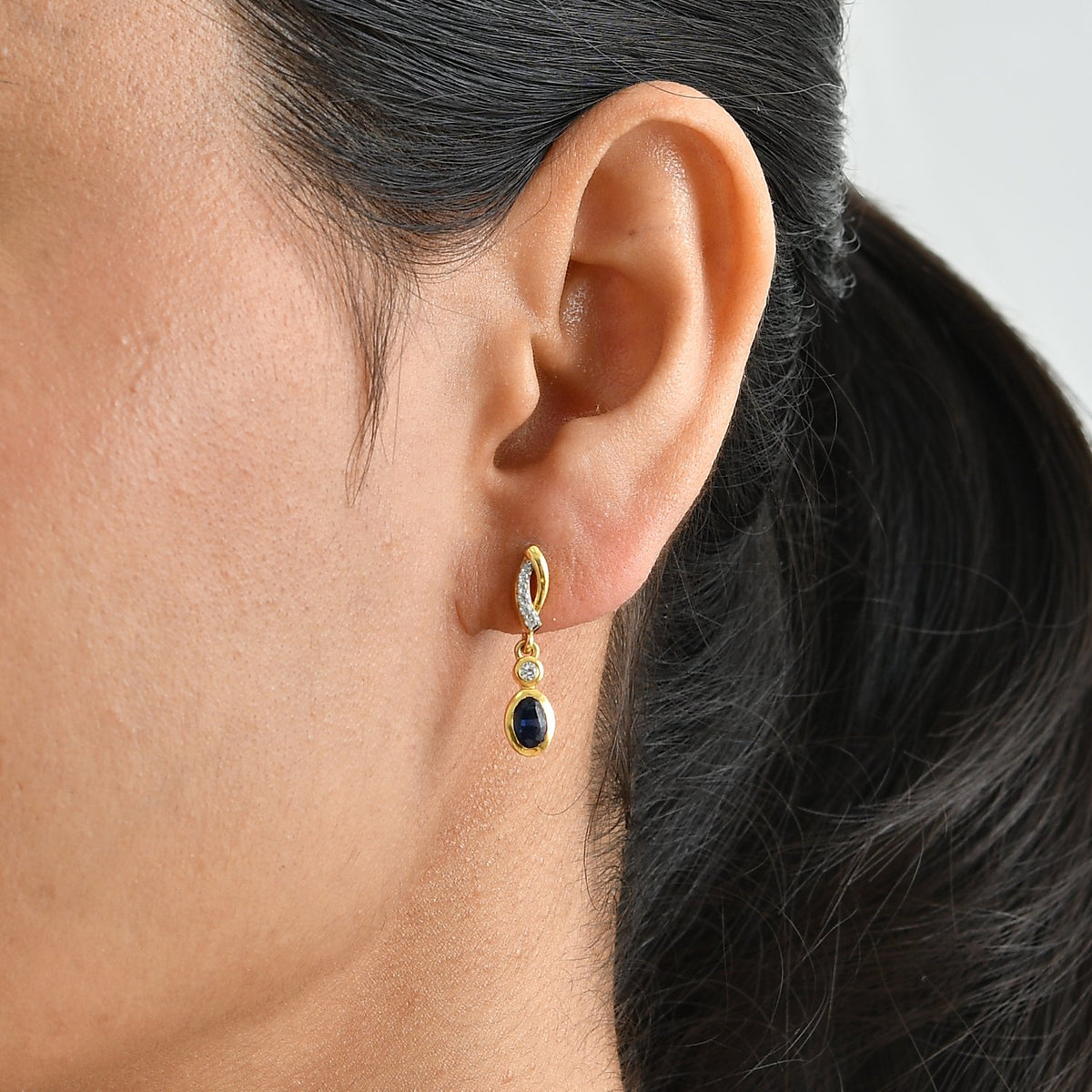 D'Joy - AAA Natural Kashmire Kyanite &amp; White Zircon Dangling Earring with Push Post in Yellow Gold Plated Sterling Silver 1.50 Ct. V32575594 2