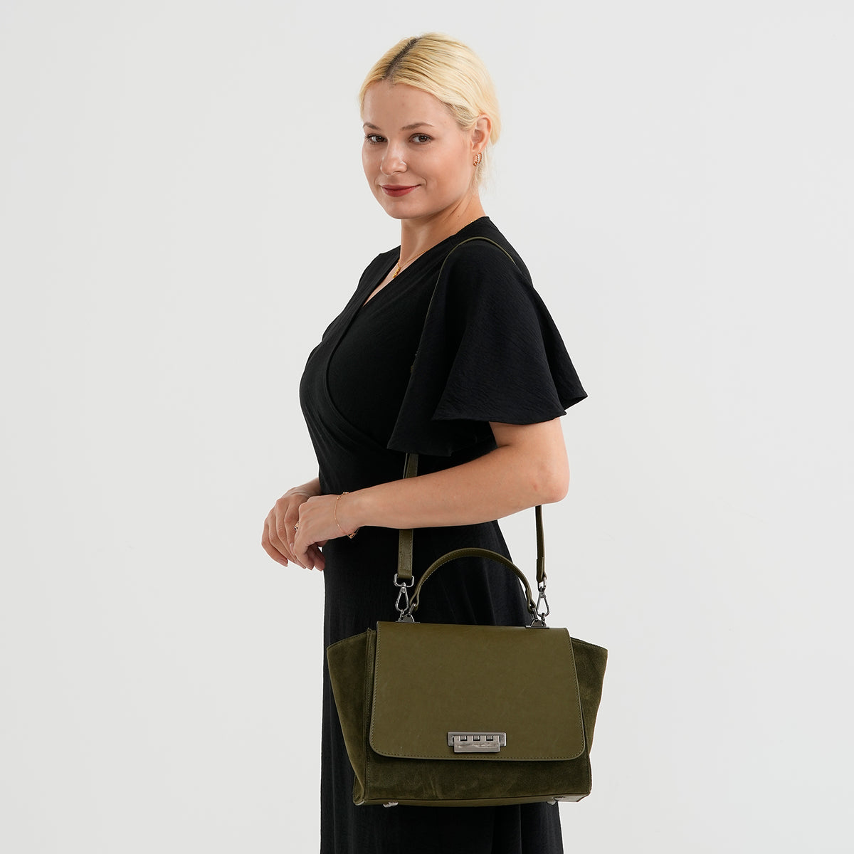 SUPER FIND - Designer Genuine Leather Handbag with Top Handle &amp; Shoulder Strap - Dark Green 8692490 2