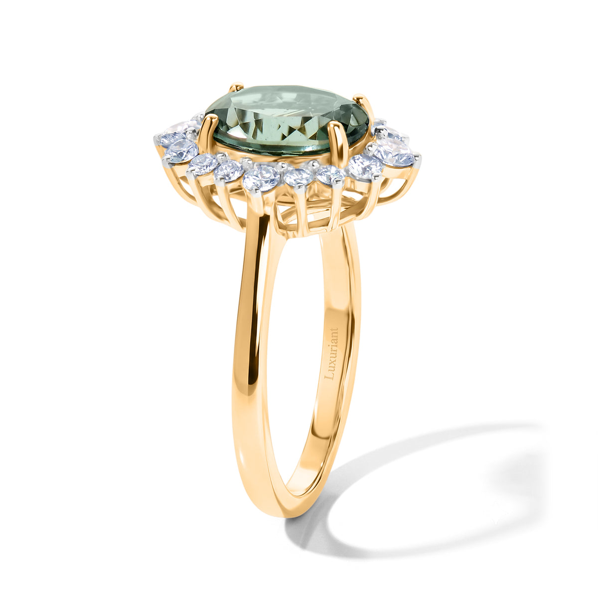 MADAGASCAR RARE FIND - 9K Yellow Gold Natural Green Apatite (2 cts) &amp; Lab Grown Diamond (0.50 cts) (SI/G-H) Halo Ring 2.50 Ct. V32706217 4