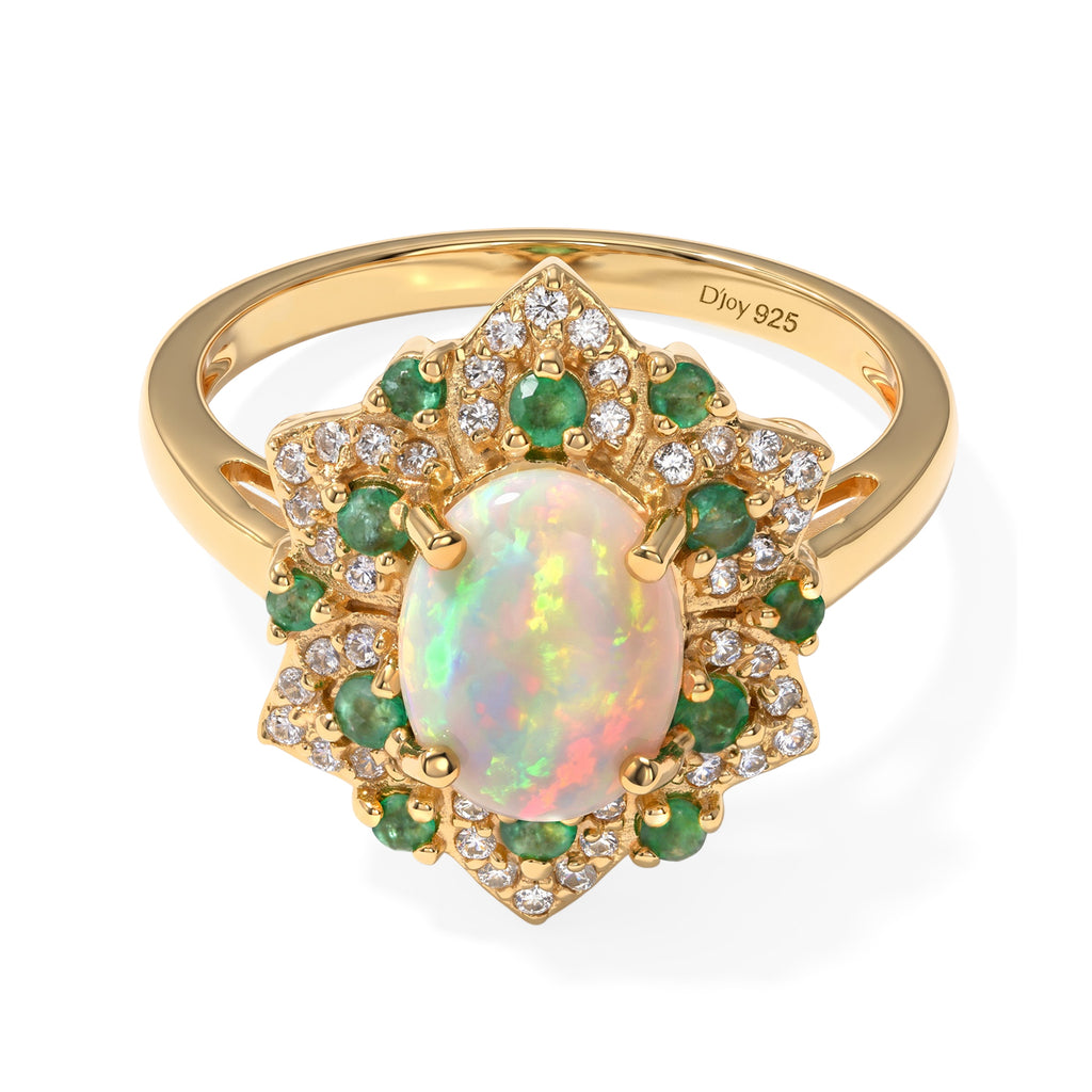 D'Joy - Ethiopian Opal, White Zircon & Zambian Emerald Halo Ring in 18K Vermeil Yellow Gold Plated Sterling Silver 2.00 Ct._8694631