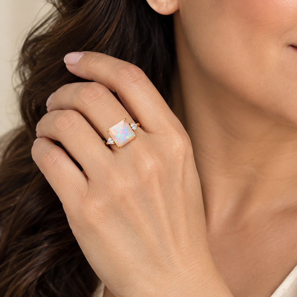 Luxuriant - 9K Yellow Gold AAA Ethiopian Opal & Lab Grown Diamond (SI/G-H) Trilogy Ring 2.95 Ct._8694759_1