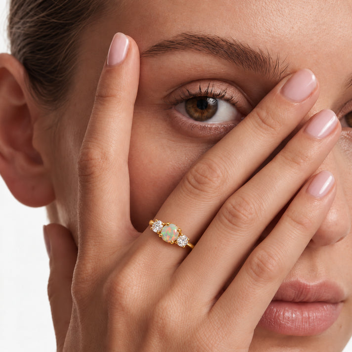 D'Joy - Ethiopian Opal &amp; Moissanite Trilogy Ring in Yellow Gold Plated Sterling Silver 1.80 Ct. 8694769 2