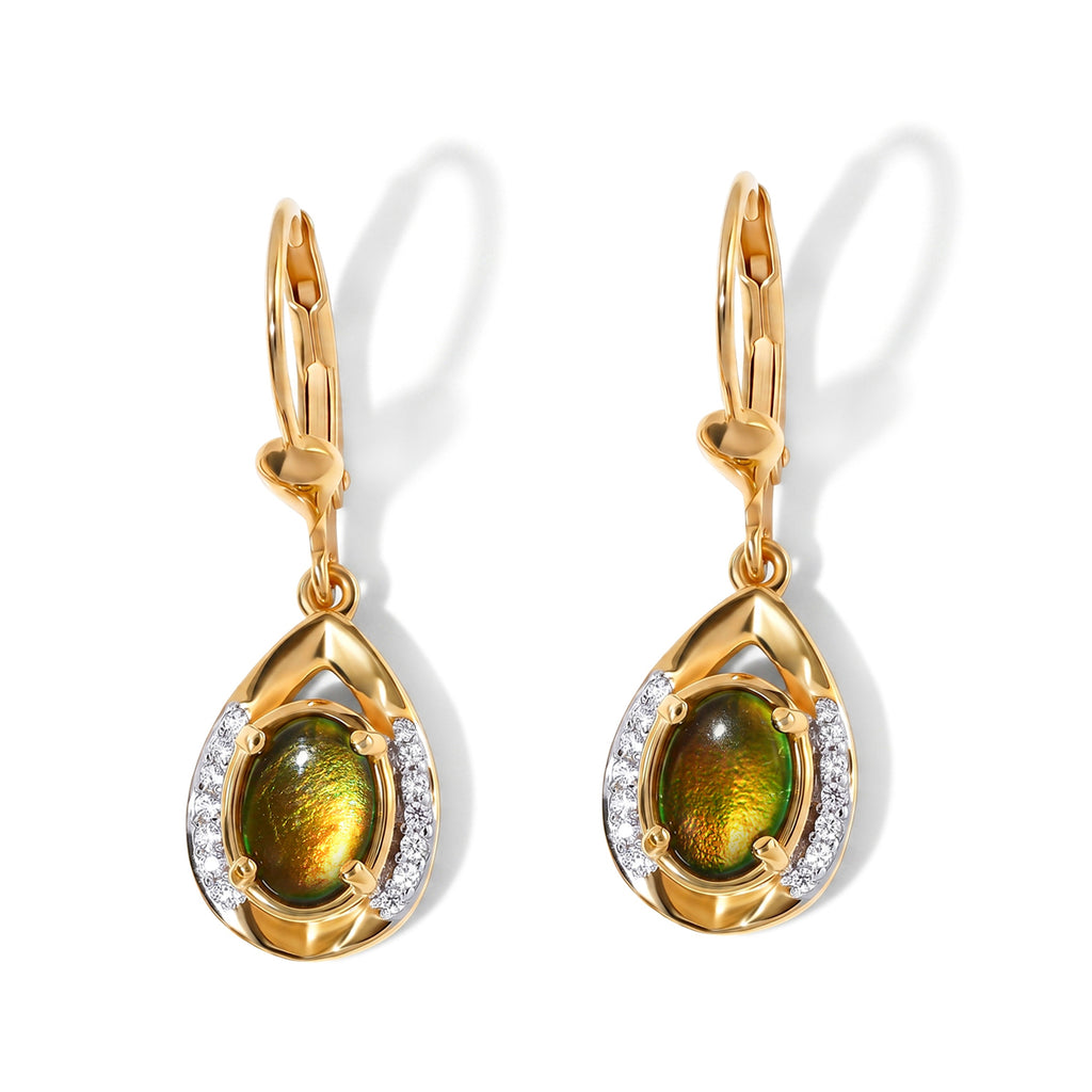 D'Joy - Ammolite & White Zircon Solitaire Earring with Lever Back in 18K Vermeil Yellow Gold Plated Sterling Silver 1.88 Ct._8694998