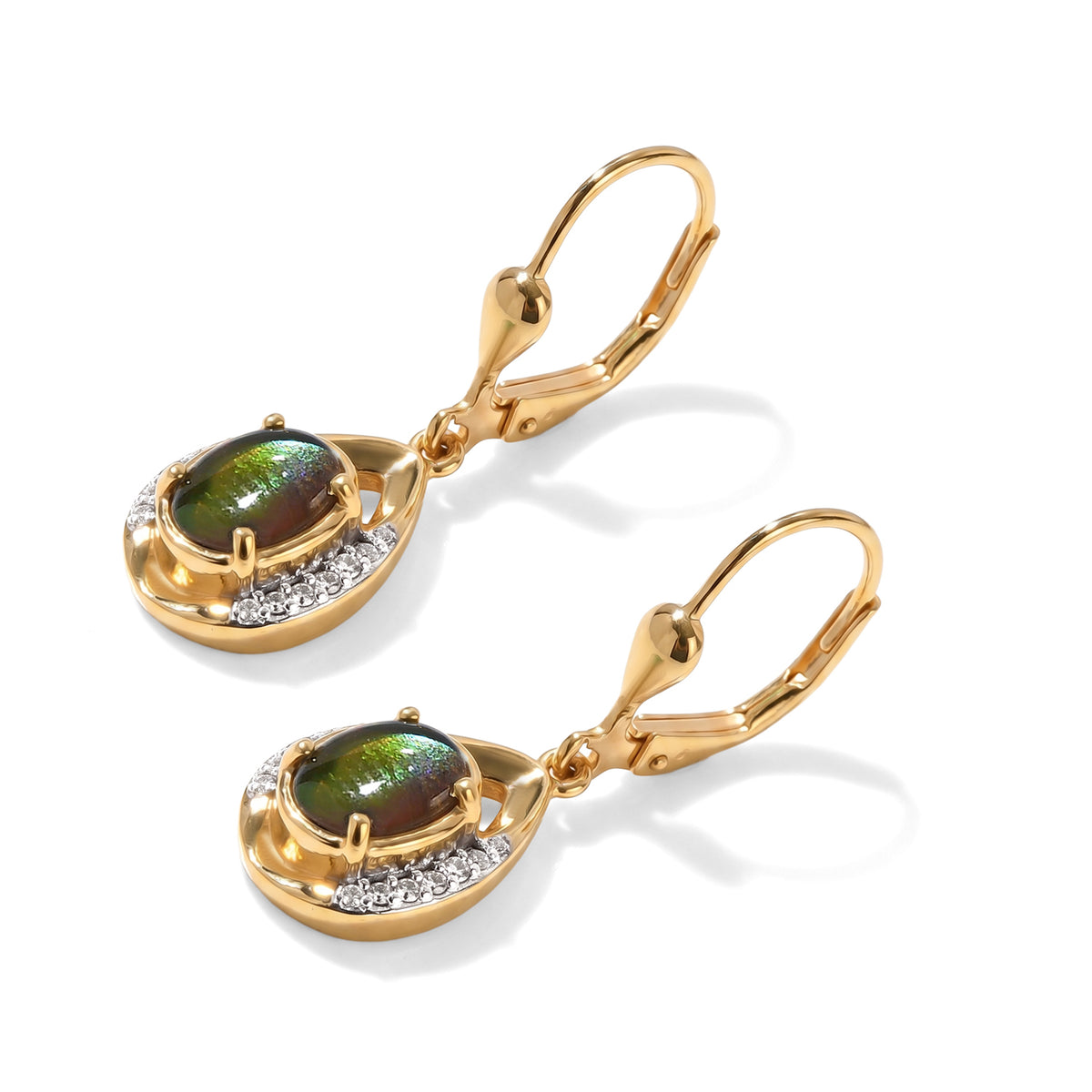 D'Joy - Ammolite &amp; White Zircon Solitaire Earring with Lever Back in 18K Vermeil Yellow Gold Plated Sterling Silver 1.88 Ct. 8694998 2
