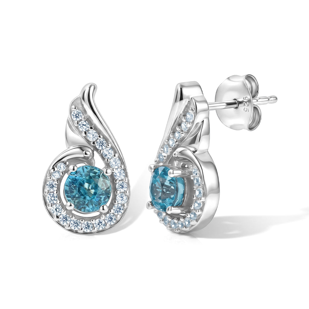 D'Joy - Blue Zircon & White Zircon Swirl Stud Earring with Push Back in Platinum Overlay Sterling Silver 2.15 Ct._8695076