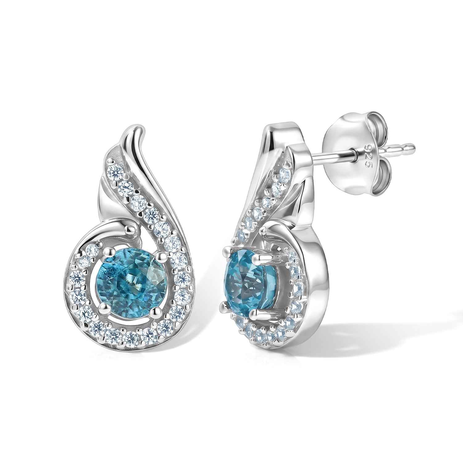 D'Joy - AAA RatanakirI Blue Zircon &amp; White Zircon Swirl Stud Earring with Push Back in Platinum Overlay Sterling Silver 2.15 Ct. V32512982 0