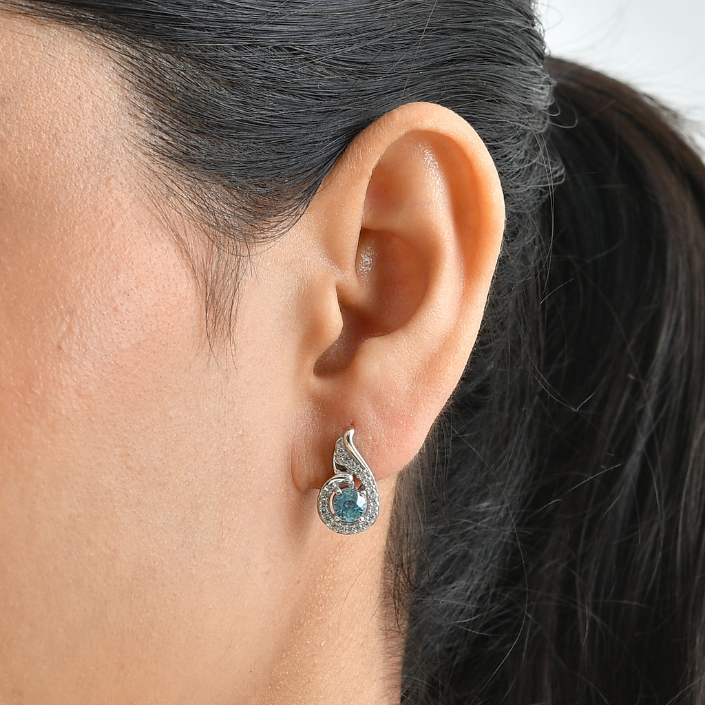 D'Joy - Blue Zircon & White Zircon Swirl Stud Earring with Push Back in Platinum Overlay Sterling Silver 2.15 Ct._8695076_1