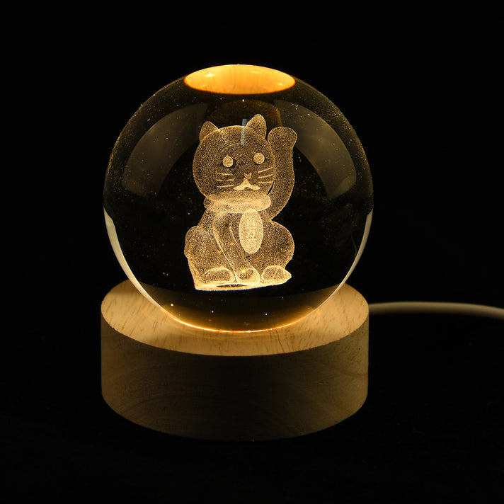 LIVMORE 3D Laser Etched Chinese Cat Crystal Ball with LED Night Light 8695102 2