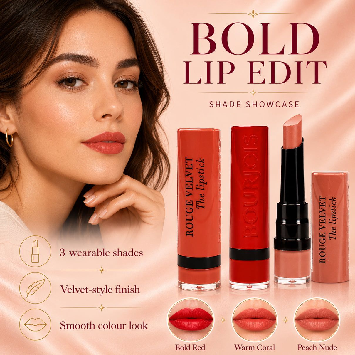 Bourjois: 3-Piece Lipstick Set (Includes Bourjois Velvet Lipstick in Caramel Sale, Bourjois Velvet Lipstick in Moka Dero 022 &amp; Bourjois Velvet Lipstick in Chocoquette 51) 8695412 1