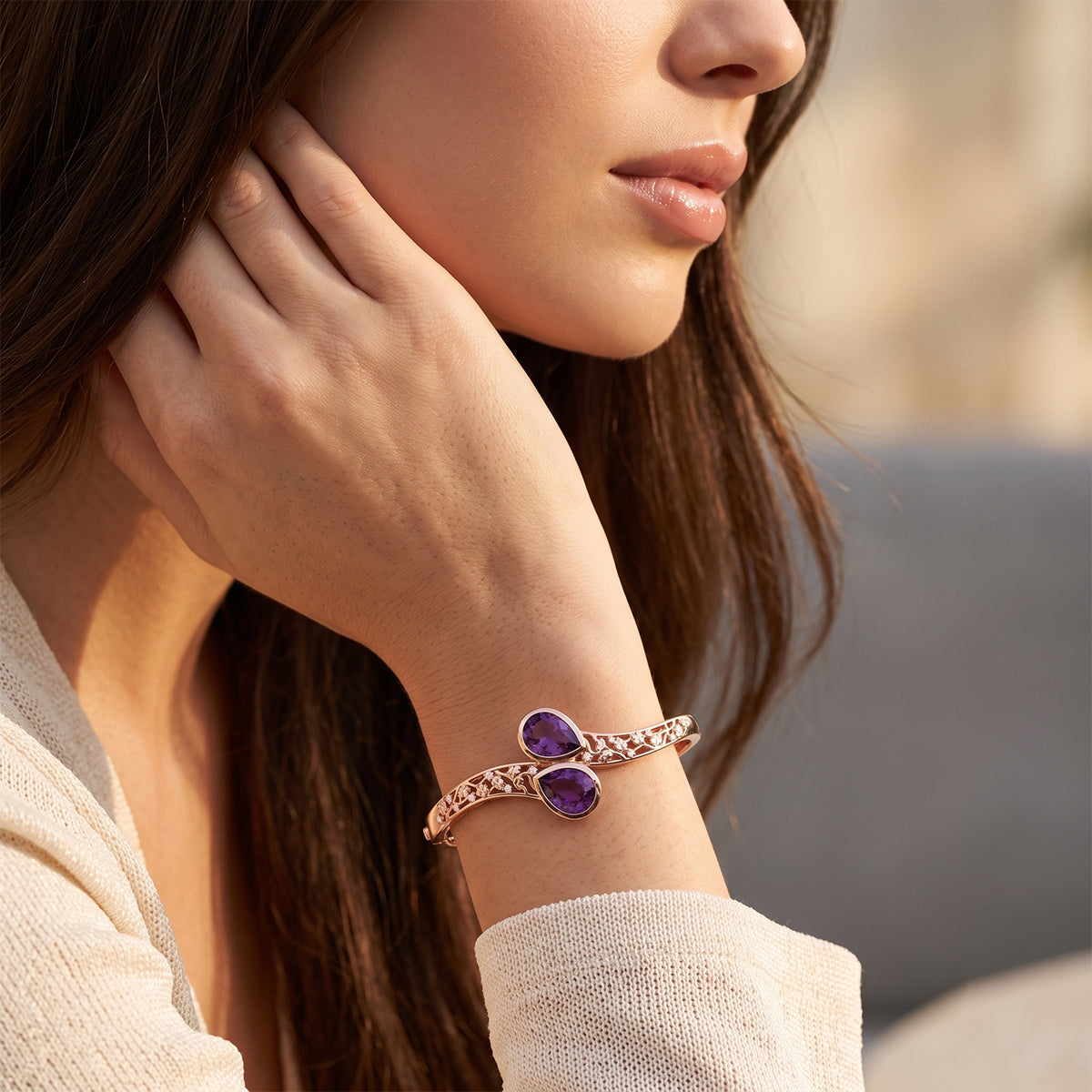 EverTrue - Rose De France Amethyst &amp; White Zircon Full Bangle (Size - 7.5) 10.32 Ct. 8695432 2