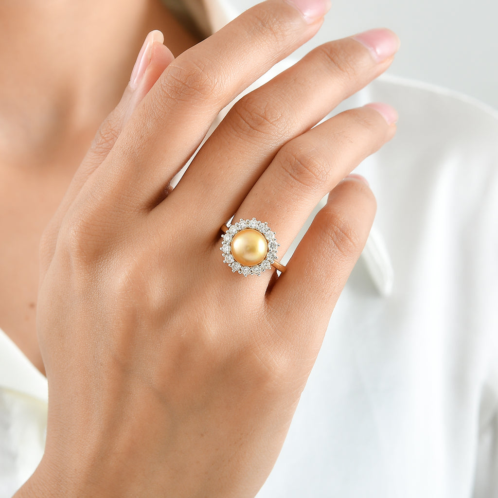 Luxuriant - Golden South Sea Pearl (9-10mm) & Lab Grown Diamond (SI/G-H) Halo Ring in 18K Vermeil Yellow Gold Plated Sterling Silver 7.12 Ct._8695872_1