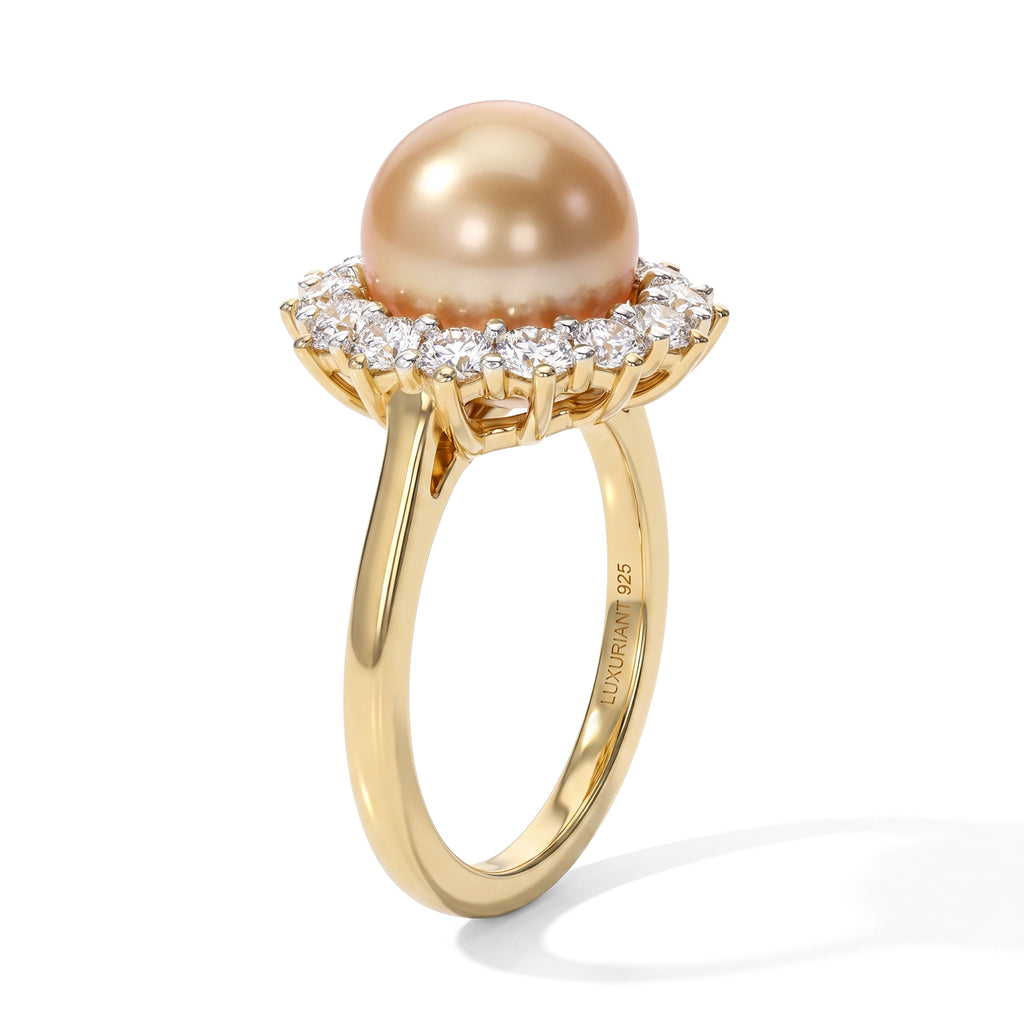 Luxuriant - Golden South Sea Pearl (9-10mm) & Lab Grown Diamond (SI/G-H) Halo Ring in 18K Vermeil Yellow Gold Plated Sterling Silver 7.12 Ct._8695872_2