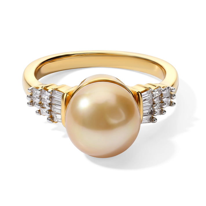 D'Joy - Premium Golden South Sea Pearl (9-11mm) &amp; Natural White Diamond Ring in 18K Vermeil Yellow Gold Plated Sterling Silver 6.20 Ct. 8695958 1