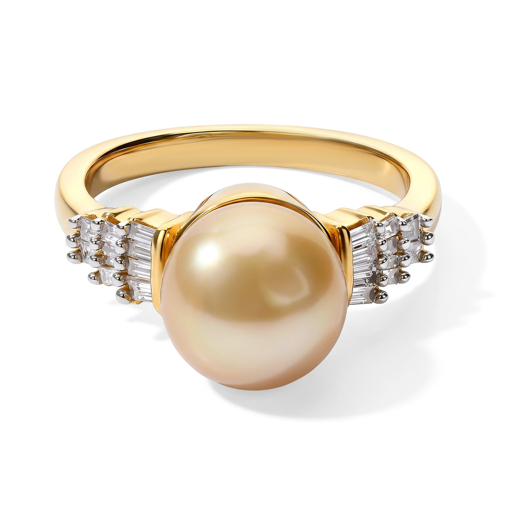 D'Joy - Golden South Sea Pearl & Natural White Diamond Ring in 18K Vermeil Yellow Gold Plated Sterling Silver 6.20 Ct._8695964