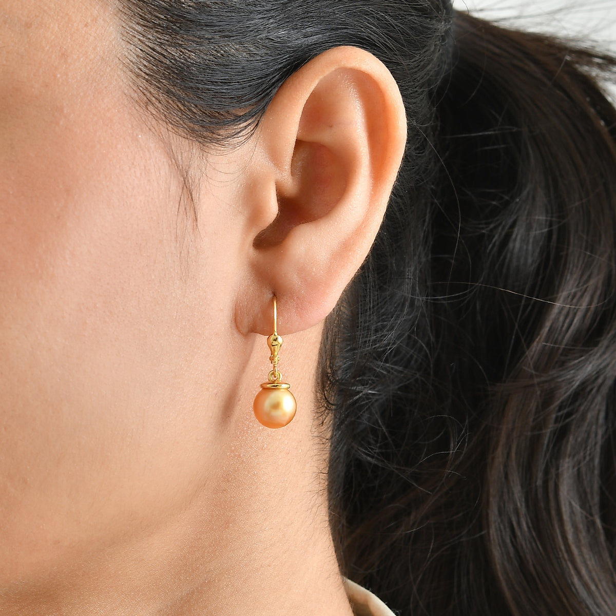 D'Joy - AAA Golden South Sea Pearl (8-10mm) Solitaire Earring with Lever Back in 18K Vermeil Yellow Gold Plated Sterling Silver 9.95 Ct. 8696105 2