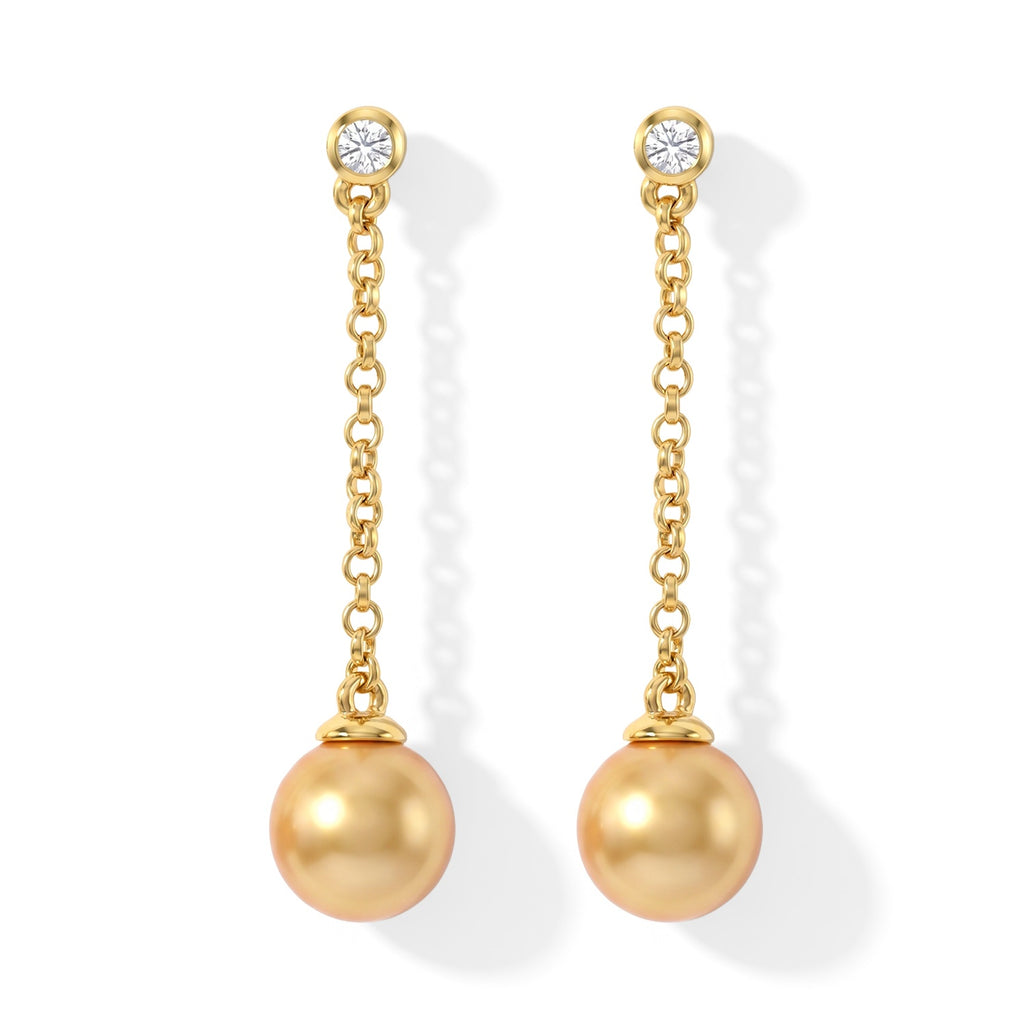 Luxuriant - Golden South Sea Pearl (8-10mm) & Lab Grown Diamond (SI/G-H) Dangling Earring with Push Post in 18K Vermeil Yellow Gold Plated Sterling Silver 9.88 Ct._8696106