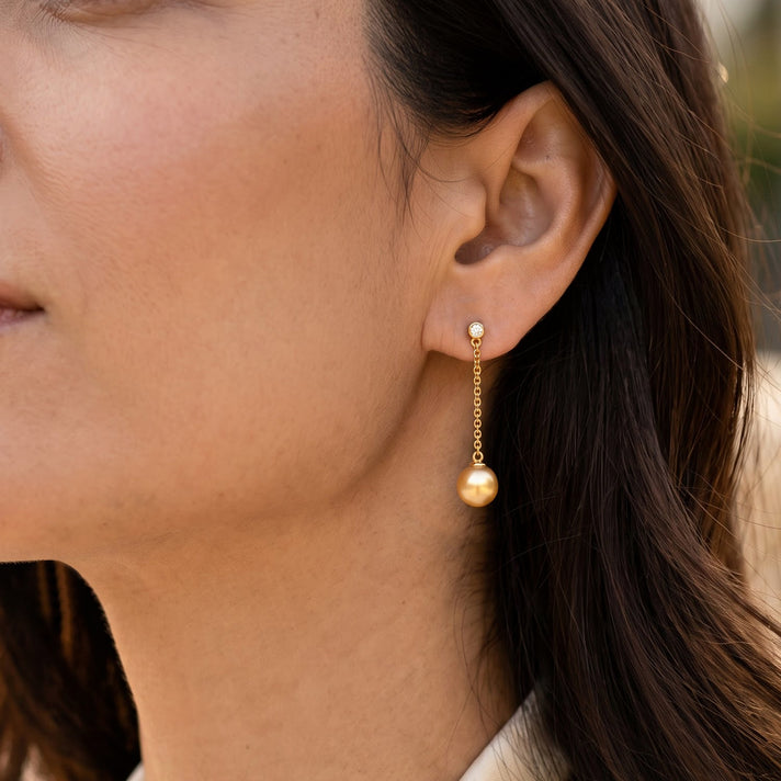 Luxuriant - Premium Golden South Sea Pearl (8-10mm) &amp; Lab Grown Diamond (SI-G-H) Dangling Earring with Push Post in 18K Vermeil Yellow Gold Plated Sterling Silver 9.88 Ct. 8696106 2