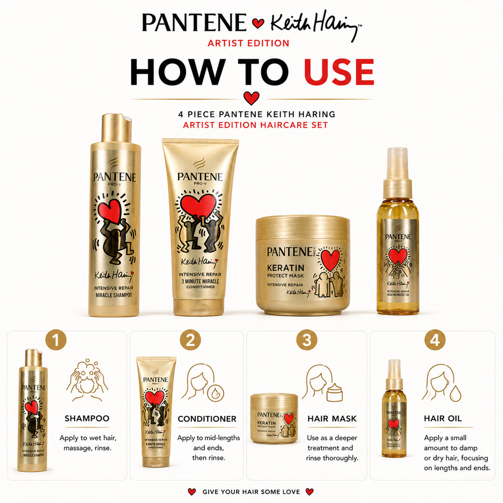 4 Piece Pantene Keith Haring Artist Edition Haircare Set - Includes Shampoo, Conditioner, Hair Mask & Hair Oil for Complete Nourishing Haircare Routine_8696197_2
